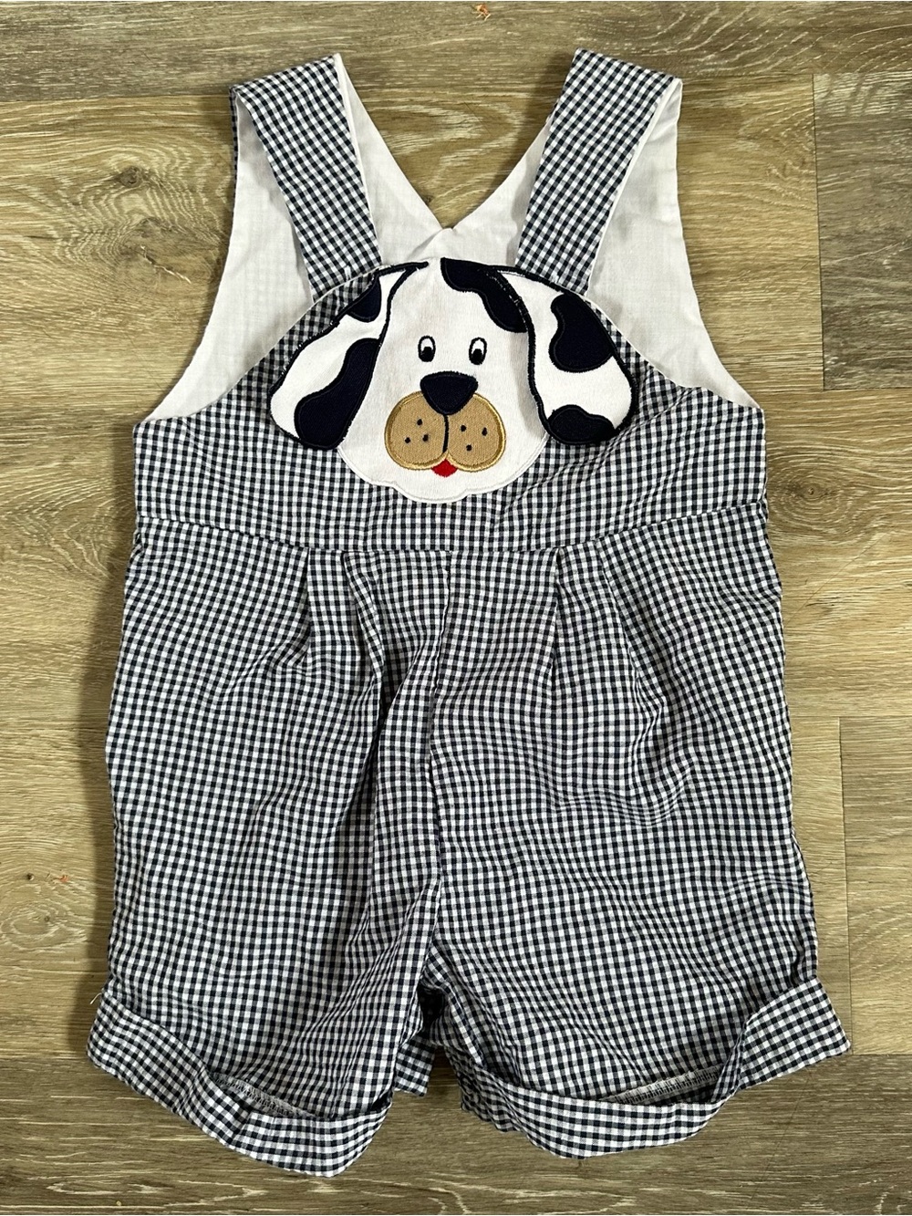 Vintage Boys Blue Plaid Puppy Dog Overall Shorts Size 12 Months